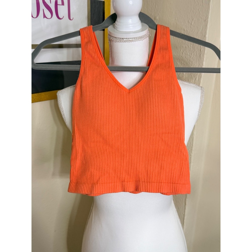 Revival Neon Orange Ribbed V-Neck Crop Tank Top Built-in Shelf Bra OS